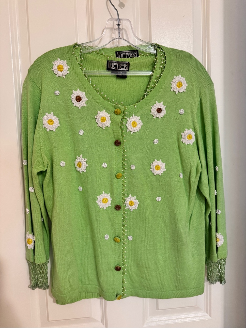 Vintage Collective Works of Barek Green Daisy Beaded Sweater Set Size Large